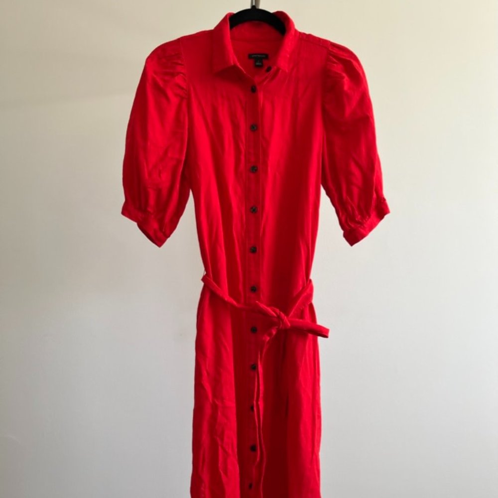 Ann Taylor Linen Blend Puff Sleeve Pocket Shirtdress